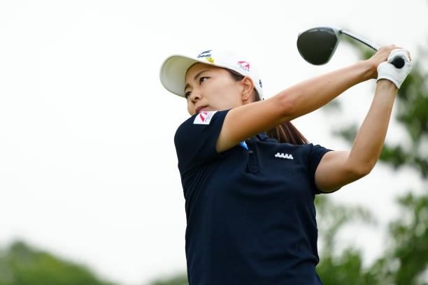 Mayu Hattori of Japan hits her tee shot on the 1st hole during the second round of Rakuten Super Ladies at Tokyu Grand Oak Golf Club on July 30, 2021...