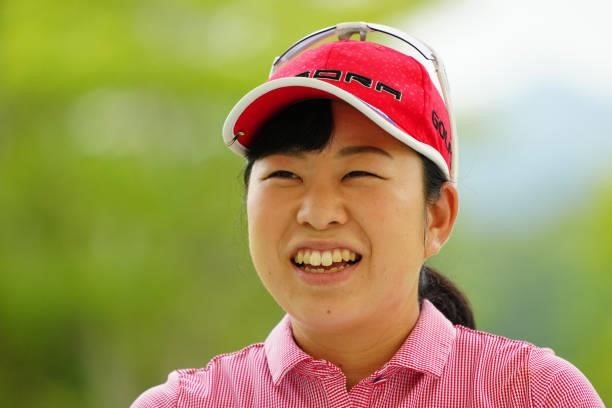 Saki Takeo of Japan smiles on the 1st tee during the second round of Rakuten Super Ladies at Tokyu Grand Oak Golf Club on July 30, 2021 in Kato,...