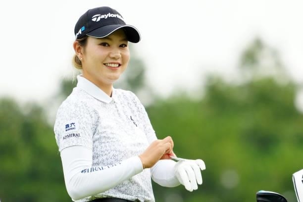 Akira Yamaji of Japan smiles on the 1st tee during the second round of Rakuten Super Ladies at Tokyu Grand Oak Golf Club on July 30, 2021 in Kato,...