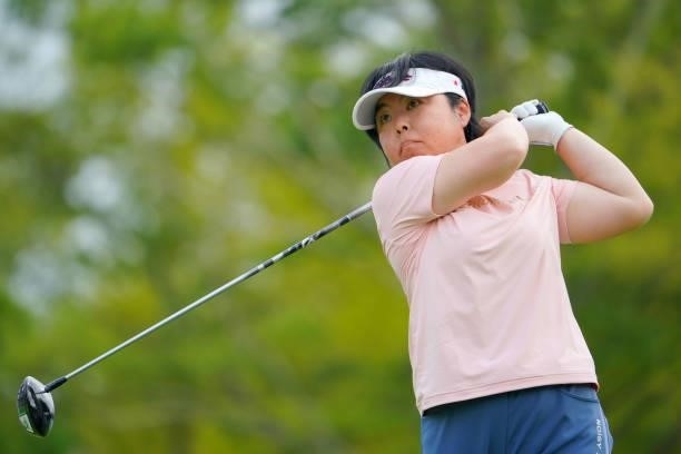 Yuri Fudo of Japan hits her tee shot on the 10th hole during the second round of Rakuten Super Ladies at Tokyu Grand Oak Golf Club on July 30, 2021...