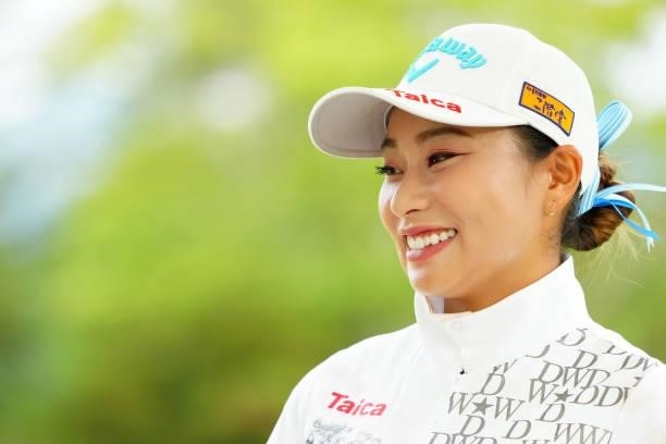 Miyuki Takeuchi of Japan smiles on the 1st tee during the second round of Rakuten Super Ladies at Tokyu Grand Oak Golf Club on July 30, 2021 in Kato,...