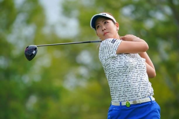 Mami Fukuda of Japan hits her tee shot on the 10th hole during the second round of Rakuten Super Ladies at Tokyu Grand Oak Golf Club on July 30, 2021...