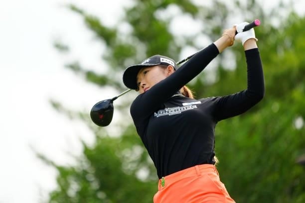Rio Ishii of Japan hits her tee shot on the 1st hole during the second round of Rakuten Super Ladies at Tokyu Grand Oak Golf Club on July 30, 2021 in...