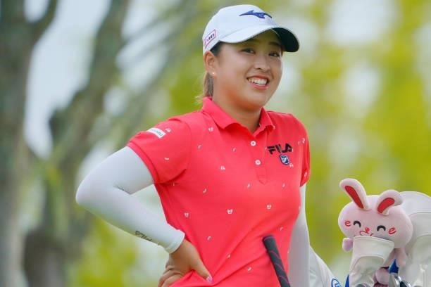 Mao Saigo of Japan smiles on the 10th tee during the second round of Rakuten Super Ladies at Tokyu Grand Oak Golf Club on July 30, 2021 in Kato,...