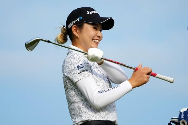 Akira Yamaji of Japan smiles on the 2nd during the second round of Rakuten Super Ladies at Tokyu Grand Oak Golf Club on July 30, 2021 in Kato, Hyogo,...