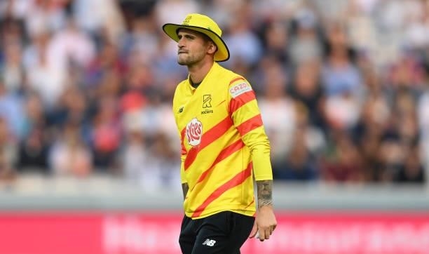 Alex Hales of Trent Rockets looks on during The Hundred match between London Spirit and Trent Rockets at Lord's Cricket Ground on July 29, 2021 in...