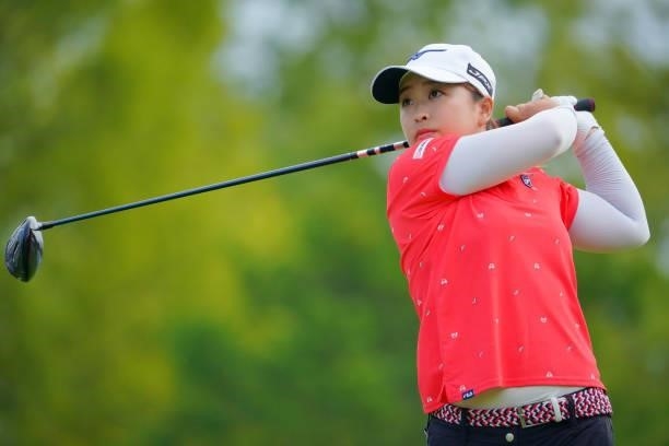 Mao Saigo of Japan hits her tee shot on the 10th hole during the second round of Rakuten Super Ladies at Tokyu Grand Oak Golf Club on July 30, 2021...