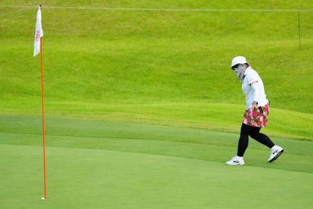 Satsuki Oshiro of Japan holes the birdie putt on the 2nd green during the second round of Rakuten Super Ladies at Tokyu Grand Oak Golf Club on July...