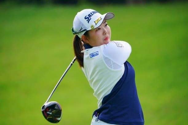 Saki Asai of Japan hits her tee shot on the 11th hole during the second round of Rakuten Super Ladies at Tokyu Grand Oak Golf Club on July 30, 2021...