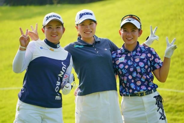 Saki Asai, Minami Katsu and Hikaru Yoshimoto of Japan pose on the 11th hole during the second round of Rakuten Super Ladies at Tokyu Grand Oak Golf...