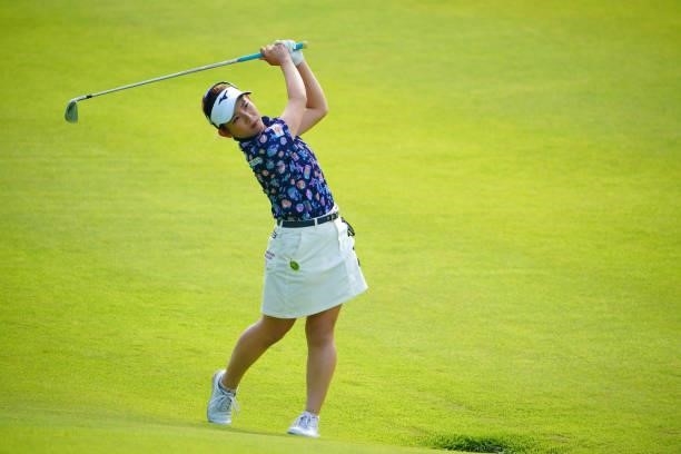 Hikaru Yoshimoto of Japan hits her second shot on the 11th hole during the second round of Rakuten Super Ladies at Tokyu Grand Oak Golf Club on July...