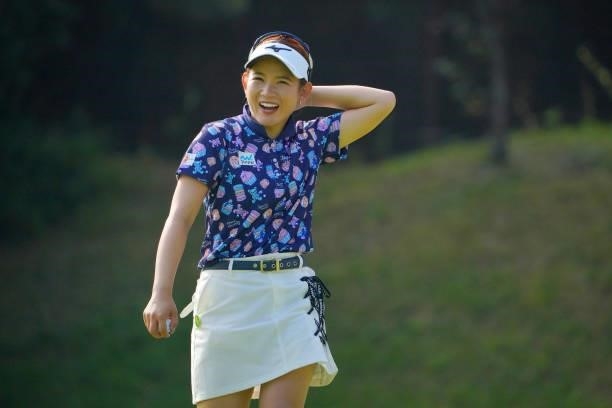 Hikaru Yoshimoto of Japan smiles on the 11th green during the second round of Rakuten Super Ladies at Tokyu Grand Oak Golf Club on July 30, 2021 in...