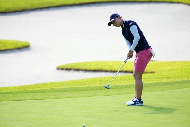 Eri Fukuyama of Japan attempts a putt on the 3rd green during the second round of Rakuten Super Ladies at Tokyu Grand Oak Golf Club on July 30, 2021...