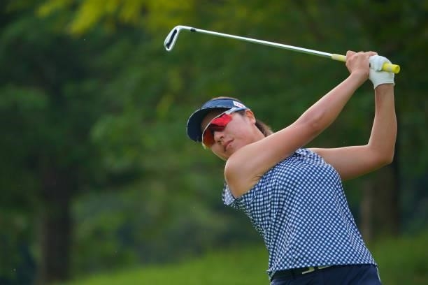 Eri Okayama of Japan hits her tee shot on the 12th hole during the second round of Rakuten Super Ladies at Tokyu Grand Oak Golf Club on July 30, 2021...