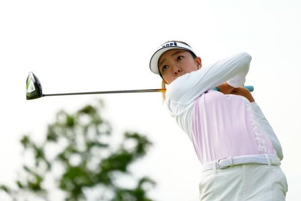Eimi Koga of the United States hits her tee shot on the 5th hole during the second round of Rakuten Super Ladies at Tokyu Grand Oak Golf Club on July...