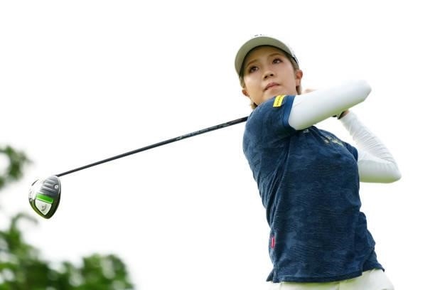 Airi Kameda of Japan hits her tee shot on the 5th hole during the second round of Rakuten Super Ladies at Tokyu Grand Oak Golf Club on July 30, 2021...