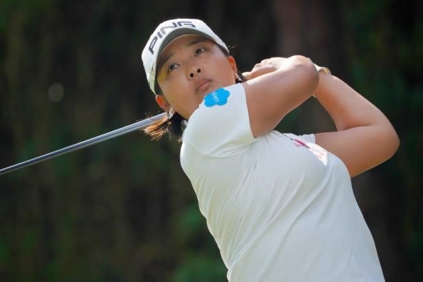 Ai Suzuki of Japan hits her tee shot on the 13th hole during the second round of Rakuten Super Ladies at Tokyu Grand Oak Golf Club on July 30, 2021...