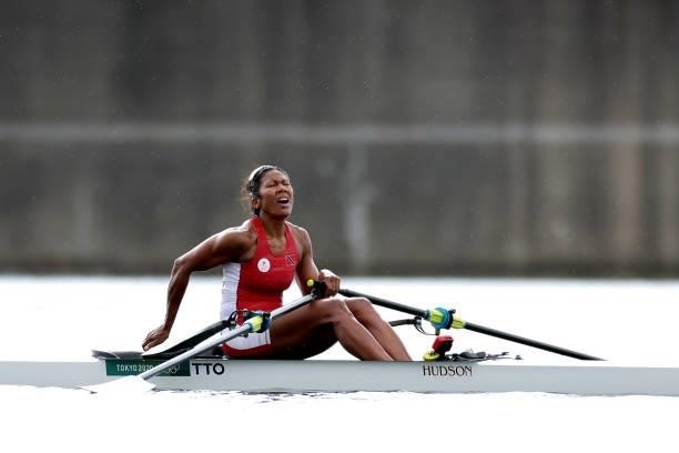 Felice Aisha Chow of Team Trinidad And Tobago reacts after coming in first during the Women's Single Sculls Final D on day seven of the Tokyo 2020...