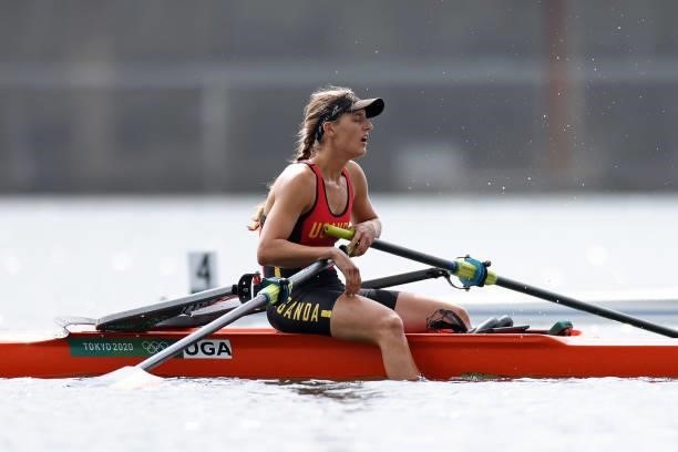 Kathleen Noble of Team Uganda reacts after coming in second during the Women's Single Sculls Final E on day seven of the Tokyo 2020 Olympic Games at...