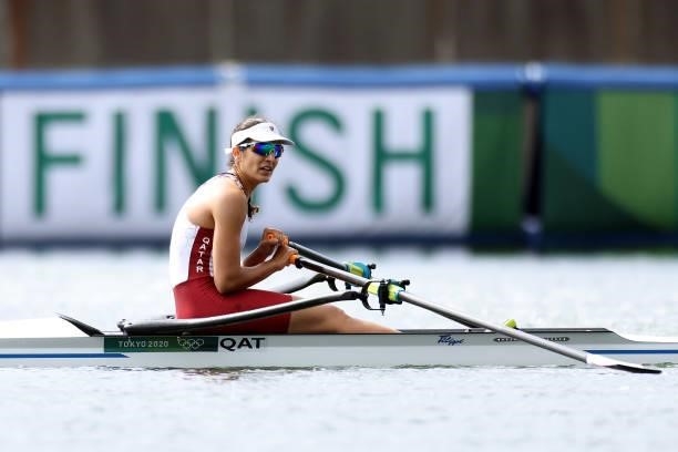 Tala Abujbara of Team Qatar looks on after coming in first during the Women's Single Sculls Final E on day seven of the Tokyo 2020 Olympic Games at...