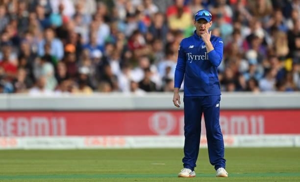 Eoin Morgan of London Spirit looks on during The Hundred match between London Spirit and Trent Rockets at Lord's Cricket Ground on July 29, 2021 in...