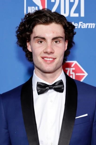 Josh Giddy poses for photos on the red carpet during the 2021 NBA Draft at the Barclays Center on July 29, 2021 in New York City.
