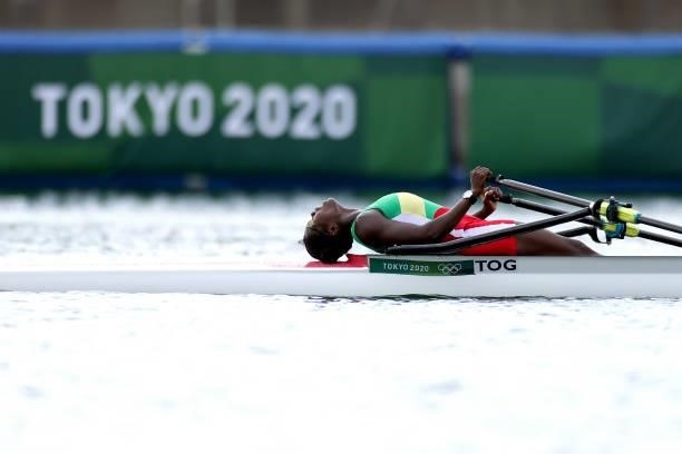 Claire Ayivon of Team Togo reacts after coming in first during the Women's Single Sculls Final F on day seven of the Tokyo 2020 Olympic Games at Sea...