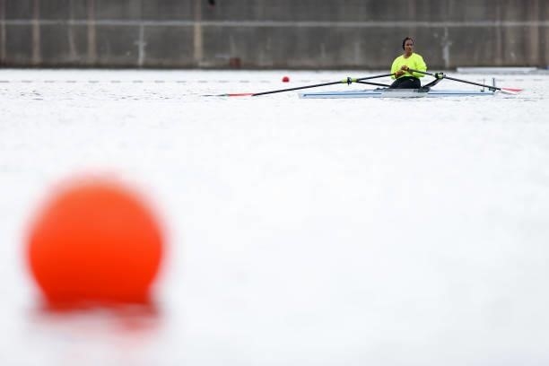 Esraa Khogali of Team Sudan looks on after coming in second during the Women's Single Sculls Final F on day seven of the Tokyo 2020 Olympic Games at...