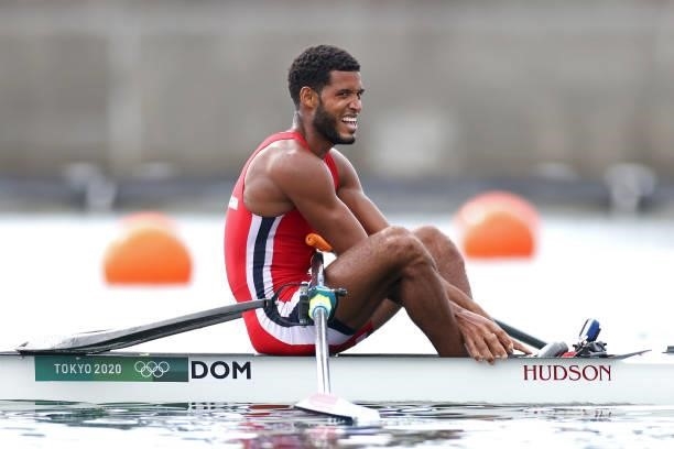 Ignacio Vasquez Jorge of Team Dominican Republic reacts after coming in first during the Men's Single Sculls Final E on day seven of the Tokyo 2020...