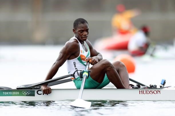 Franck N'Dri of Team Ivory Coast reacts after coming in fourth during the Men's Single Sculls Final E on day seven of the Tokyo 2020 Olympic Games at...