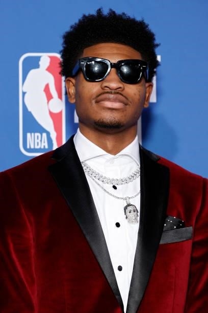 Cam Thomas poses for photos on the red carpet during the 2021 NBA Draft at the Barclays Center on July 29, 2021 in New York City.