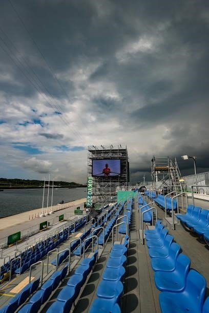 The stands are empty during the Women's Single Sculls Final D on day seven of the Tokyo 2020 Olympic Games at Sea Forest Waterway on July 30, 2021 in...