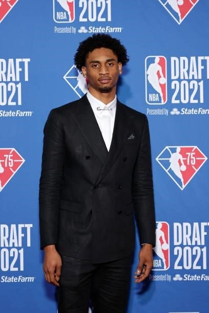 Keon Johnson poses for photos on the red carpet during the 2021 NBA Draft at the Barclays Center on July 29, 2021 in New York City.