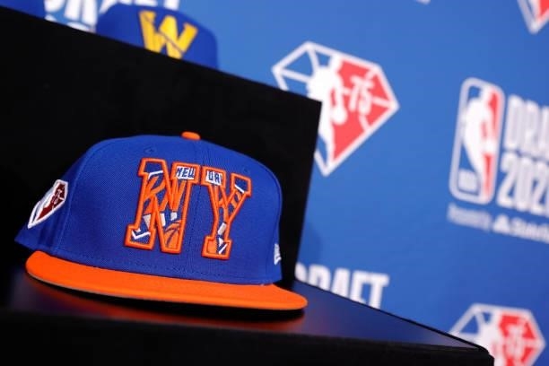 Detail view of a New York Knicks hat during the 2021 NBA Draft at the Barclays Center on July 29, 2021 in New York City.