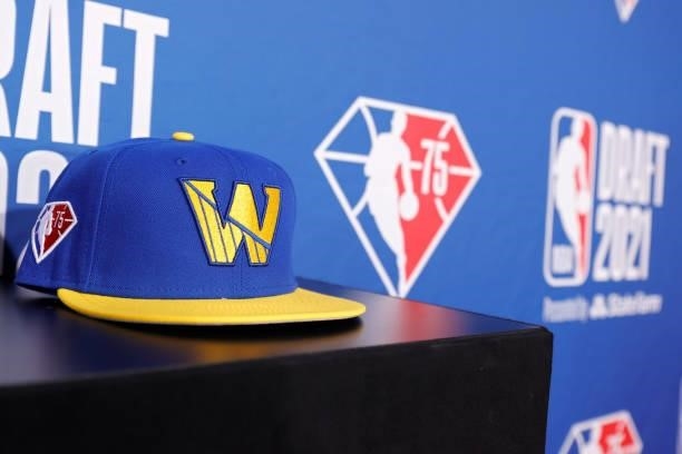 Detail view of a Golden State Warriors hat during the 2021 NBA Draft at the Barclays Center on July 29, 2021 in New York City.