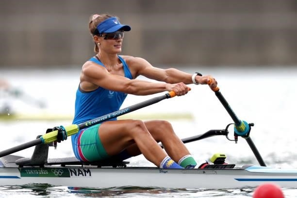 Maike Diekmann of Team Namibia competes during the Women's Single Sculls Final C on day seven of the Tokyo 2020 Olympic Games at Sea Forest Waterway...