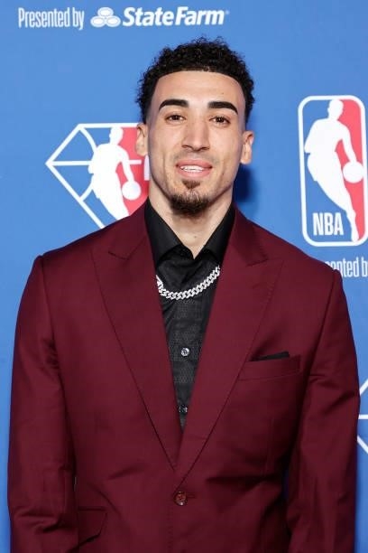 Chris Duarte poses for photos on the red carpet during the 2021 NBA Draft at the Barclays Center on July 29, 2021 in New York City.