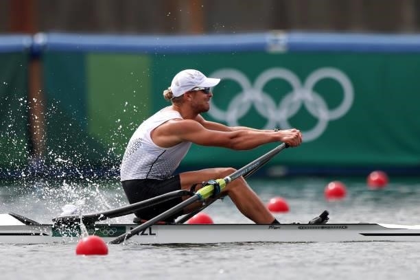 Jordan Parry of Team New Zealand competes during the Men's Single Sculls Final C on day seven of the Tokyo 2020 Olympic Games at Sea Forest Waterway...