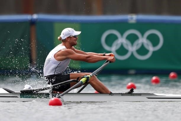Jordan Parry of Team New Zealand competes during the Men's Single Sculls Final C on day seven of the Tokyo 2020 Olympic Games at Sea Forest Waterway...