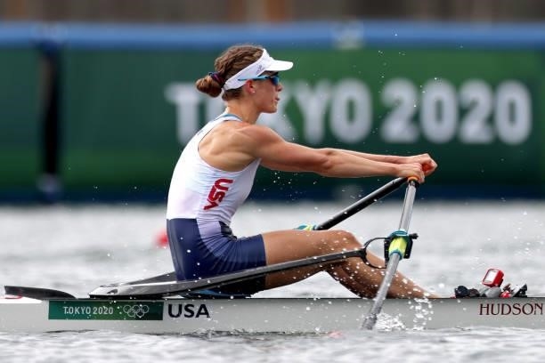 Kara Kohler of Team United States competes during the Women's Single Sculls Final B on day seven of the Tokyo 2020 Olympic Games at Sea Forest...