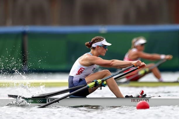 Kara Kohler of Team United States competes against Carling Zeeman of Team Canada during the Women's Single Sculls Final B on day seven of the Tokyo...