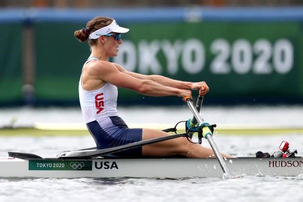 Kara Kohler of Team United States competes during the Women's Single Sculls Final B on day seven of the Tokyo 2020 Olympic Games at Sea Forest...