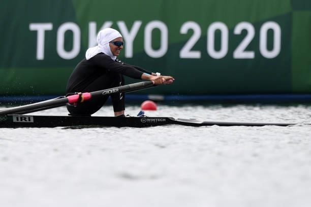 Nazanin Malaei of Team Iran competes during the Women's Single Sculls Final B on day seven of the Tokyo 2020 Olympic Games at Sea Forest Waterway on...