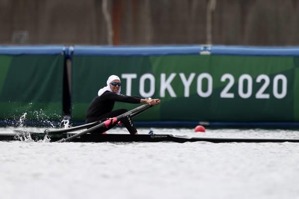 Nazanin Malaei of Team Iran competes during the Women's Single Sculls Final B on day seven of the Tokyo 2020 Olympic Games at Sea Forest Waterway on...