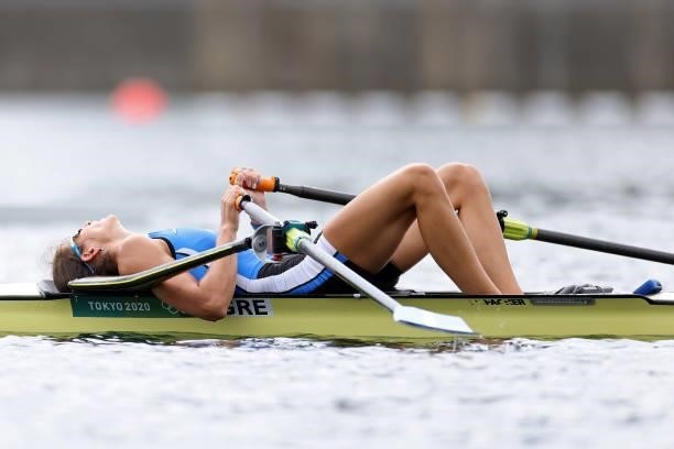 Anneta Kyridou of Team Greece lies back after competing during the Women's Single Sculls Final B on day seven of the Tokyo 2020 Olympic Games at Sea...