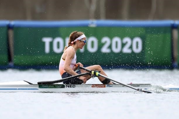 Anna Sarah Sophie Souwer of Team Netherlands reacts after coming in first during the Women's Single Sculls Final B on day seven of the Tokyo 2020...