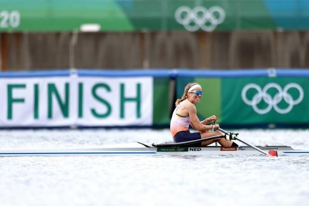 Anna Sarah Sophie Souwer of Team Netherlands reacts after coming in first during the Women's Single Sculls Final B on day seven of the Tokyo 2020...