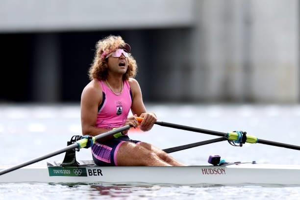 Dara Alizadeh of Team Bermuda reacts after coming in last during the Men's Single Sculls Final C on day seven of the Tokyo 2020 Olympic Games at Sea...