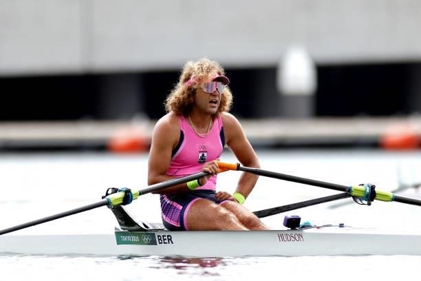 Dara Alizadeh of Team Bermuda reacts after coming in last during the Men's Single Sculls Final C on day seven of the Tokyo 2020 Olympic Games at Sea...