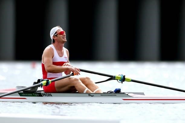 Quentin Antognelli of Team Monaco reacts after coming in third during the Men's Single Sculls Final C on day seven of the Tokyo 2020 Olympic Games at...
